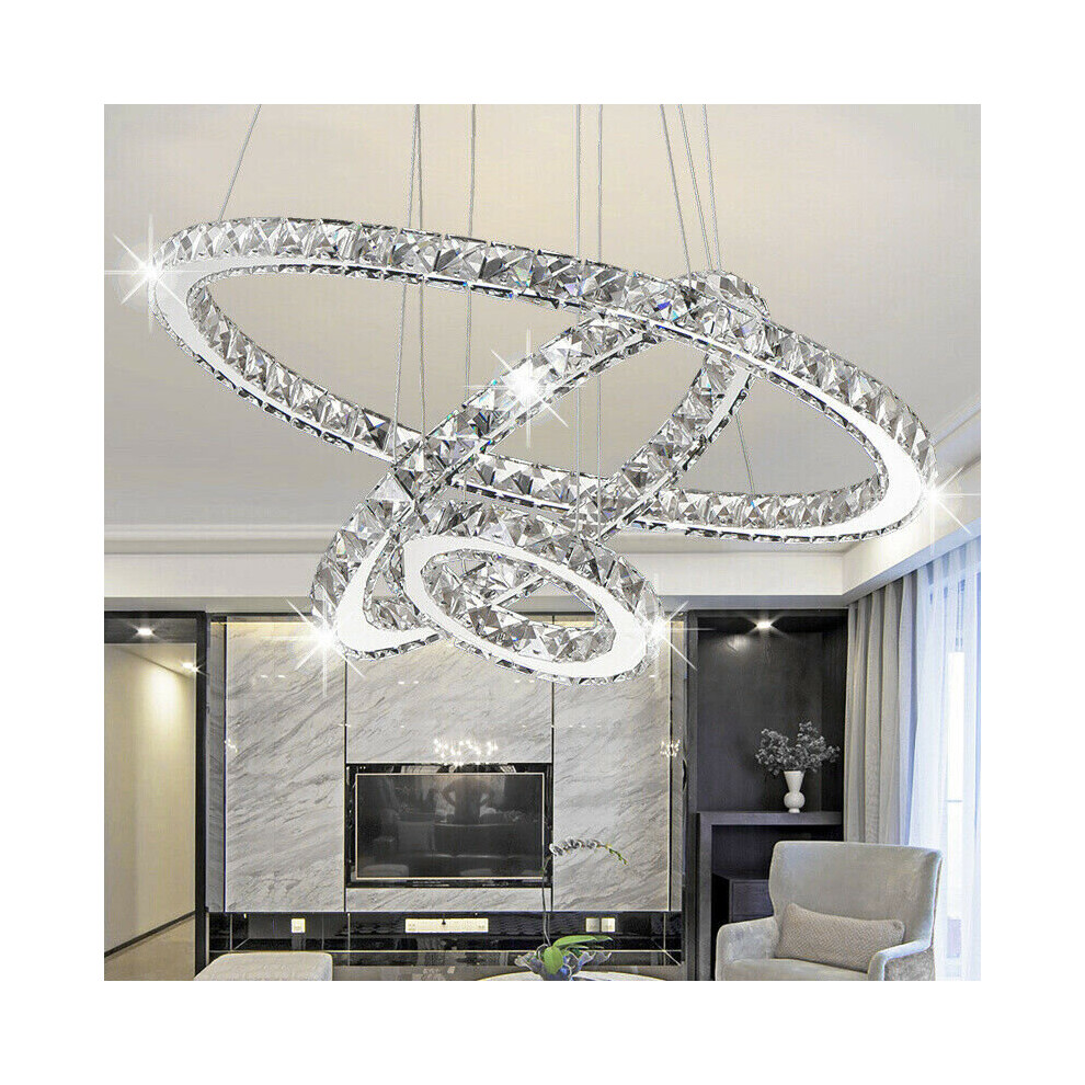 (Cool White, 30+50+70cm) Adjustable LED Crystal Pendant Light Ring Chandelier Ceiling Lamp