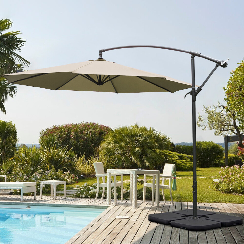 (Khaki, Cross Base + 15L water tank) 3M Large Banana Cantilever Patio Garden Parasol Outdoor Umbrella