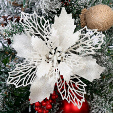 (White, 10Pcs) 10X Large Poinsettia Decor Glitter Flower Hanging Tree Home Party
