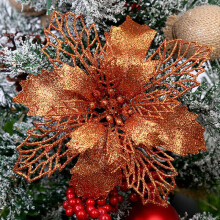 (Bronze, 10Pcs) 10X Large Poinsettia Decor Glitter Flower Hanging Tree Home Party