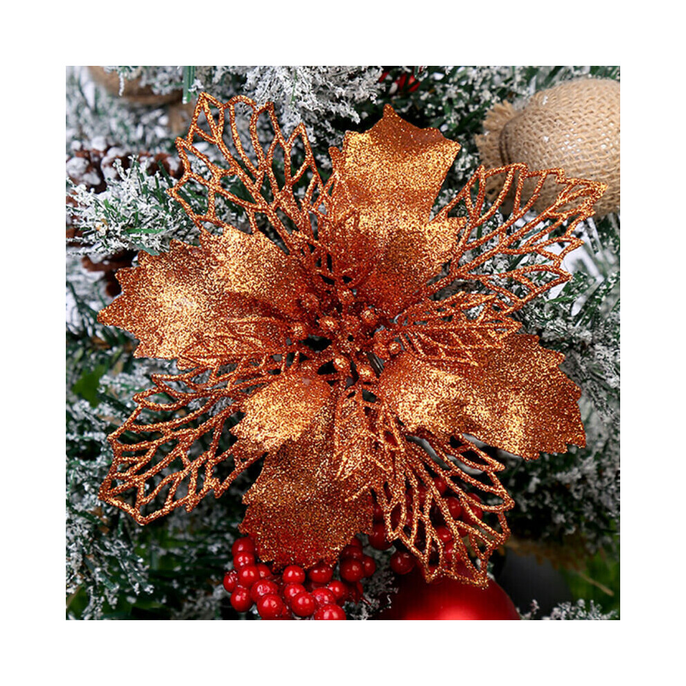 (Bronze, 10Pcs) 10X Large Poinsettia Decor Glitter Flower Hanging Tree Home Party