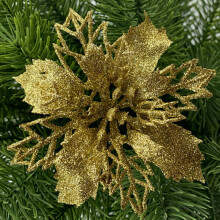 (Gold, 10Pcs) 10X Large Poinsettia Decor Glitter Flower Hanging Tree Home Party