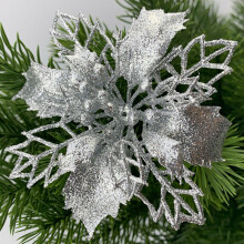(Silver, 10Pcs) 10X Large Poinsettia Decor Glitter Flower Hanging Tree Home Party