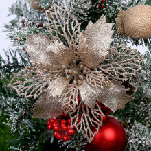 (Champagne, 10Pcs) 10X Large Poinsettia Decor Glitter Flower Hanging Tree Home Party