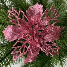 (Pink, 10Pcs) 10X Large Poinsettia Decor Glitter Flower Hanging Tree Home Party