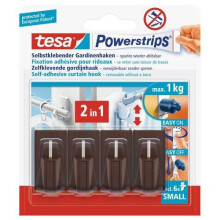 tesa UK Powerstrips Net Curtain Hooks with Removable Adhesive Strips - Brown, 4 Hooks