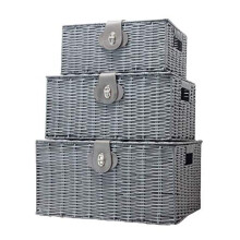 Vencier Set of 3 Resin Woven Wicker Storage Basket Box with Lid & Lock, Grey, Large, Medium, Small (Grey)