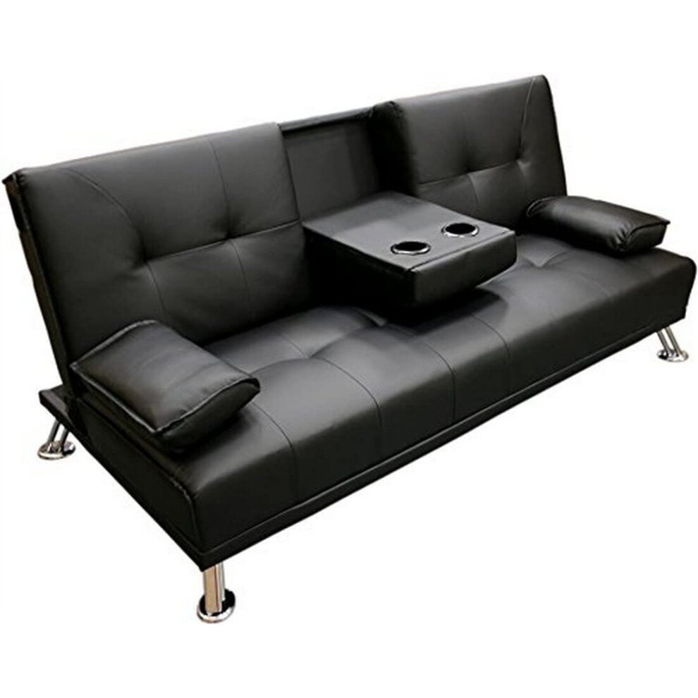 (Black) Cinema  Faux Leather Sofa Bed with Cup Holders