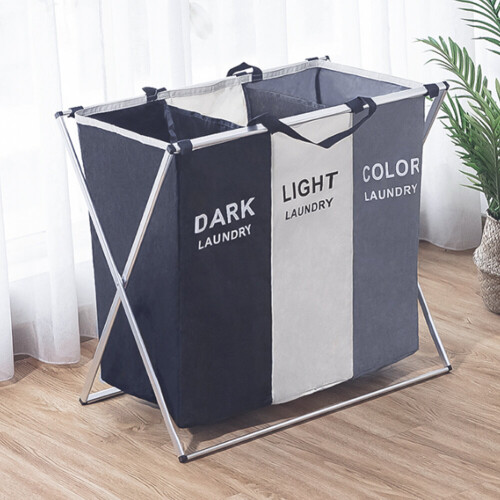 Living And Home (#A 3 Sectiom) Aluminium Frame Folding Laundry Basket Washing Cloths Storage Hamper 1