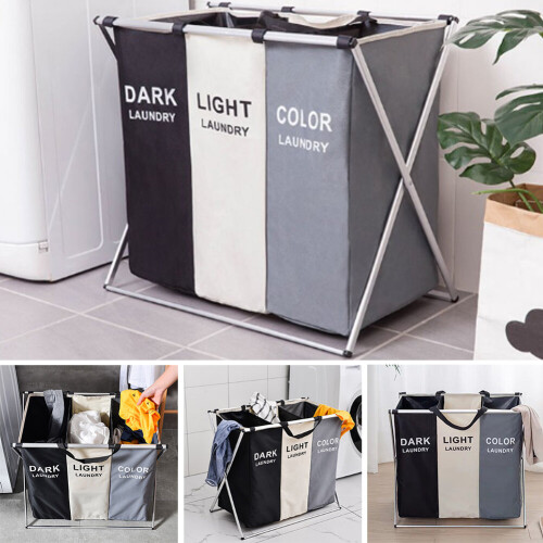 Living And Home (#A 3 Sectiom) Aluminium Frame Folding Laundry Basket Washing Cloths Storage Hamper 2