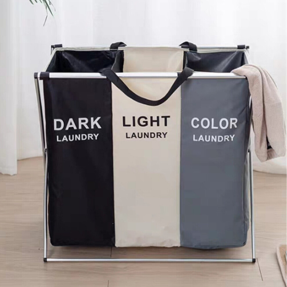 (#A 3 Sectiom) Aluminium Frame Folding Laundry Basket Washing Cloths Storage Hamper