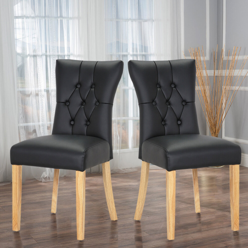 (Black) 2pcs Modern Faux Leather Dining Room Chairs Button High Back Padded Kitchen Chairs