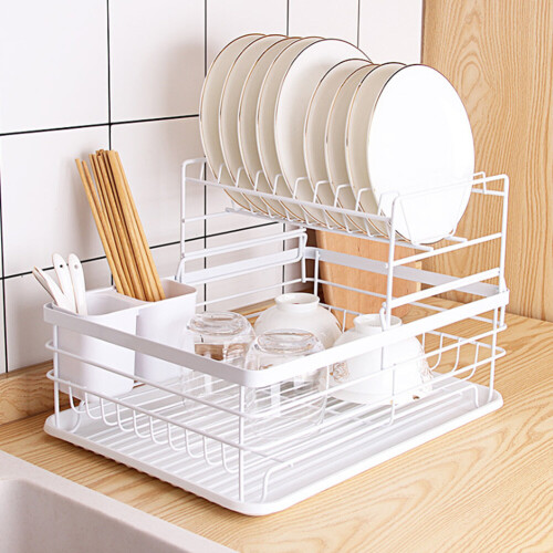 (White) 2Tier Dish Drainer Rack with Drip Tray Cutlery Holder Plate Rack Kitchen Sink