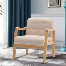(Beige) Accent Chair Wooden Frame Linen Chair Armchair