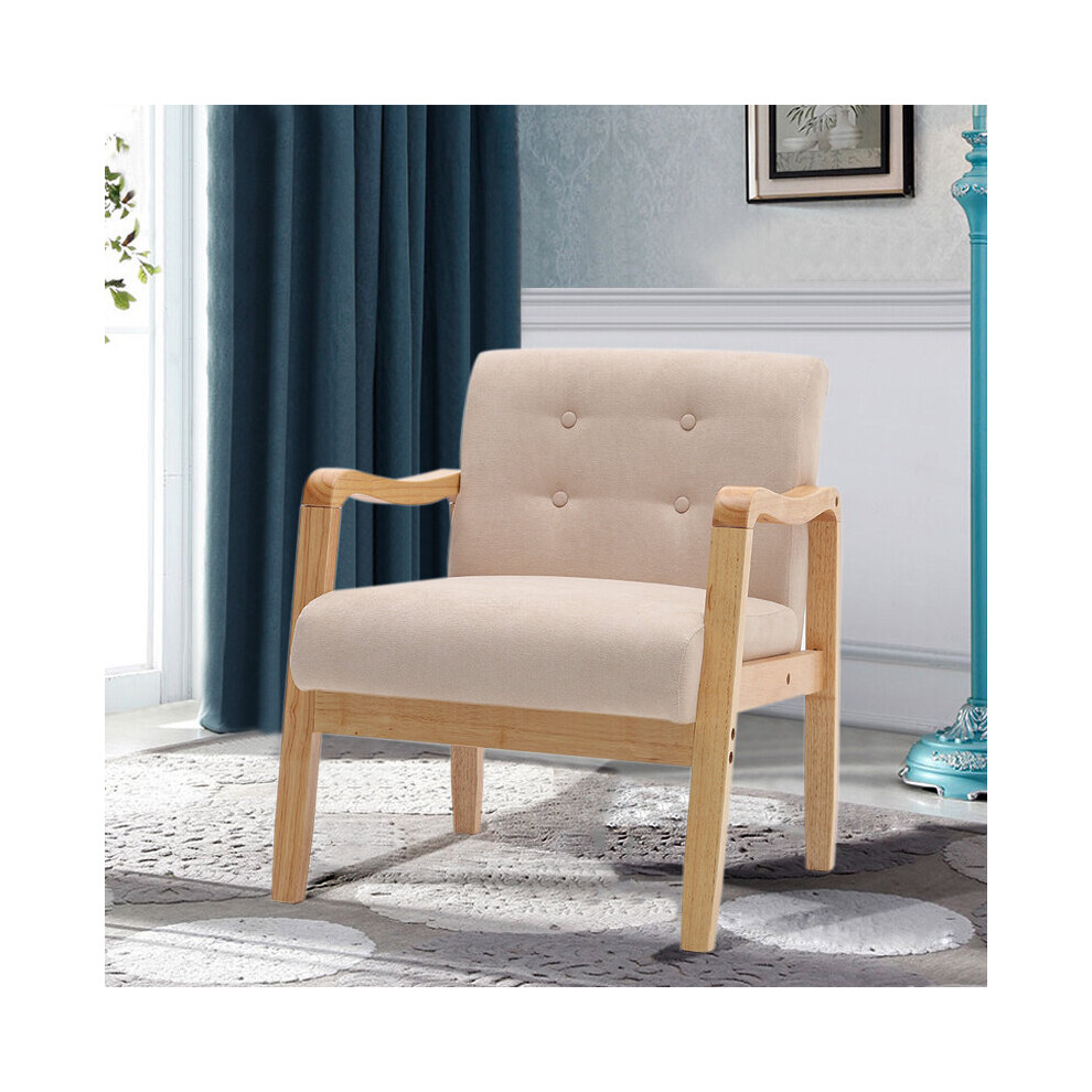 (Beige) Accent Chair Wooden Frame Linen Chair Armchair