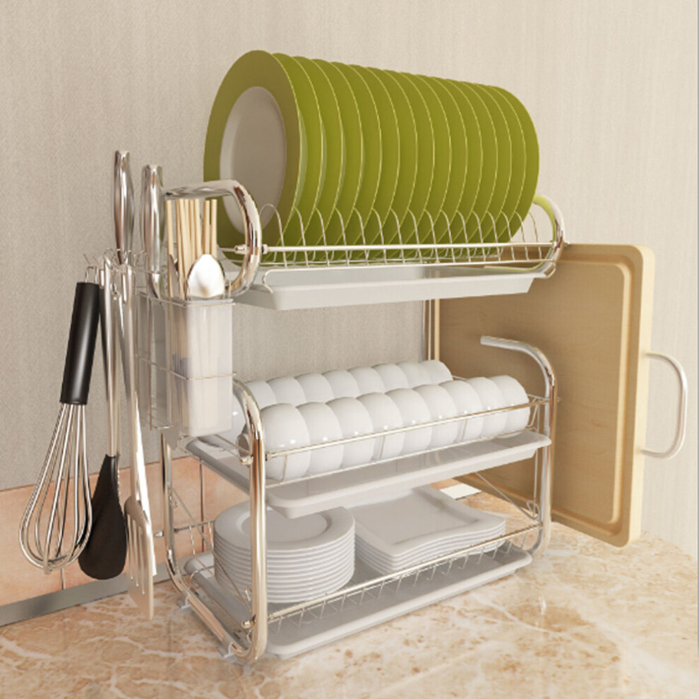 (White) 3 Tier Dish Drainer Stainless Steel Dish Rack with Drip Tray