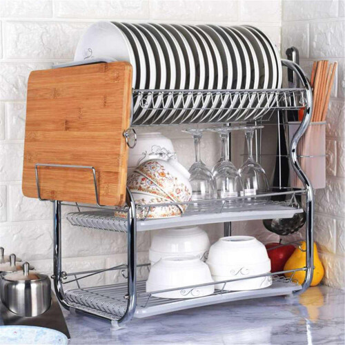Living And Home Kitchen Dish Rack Tier Drainer Cup Bowl Draining Holder Cutting Board Drip Tray
