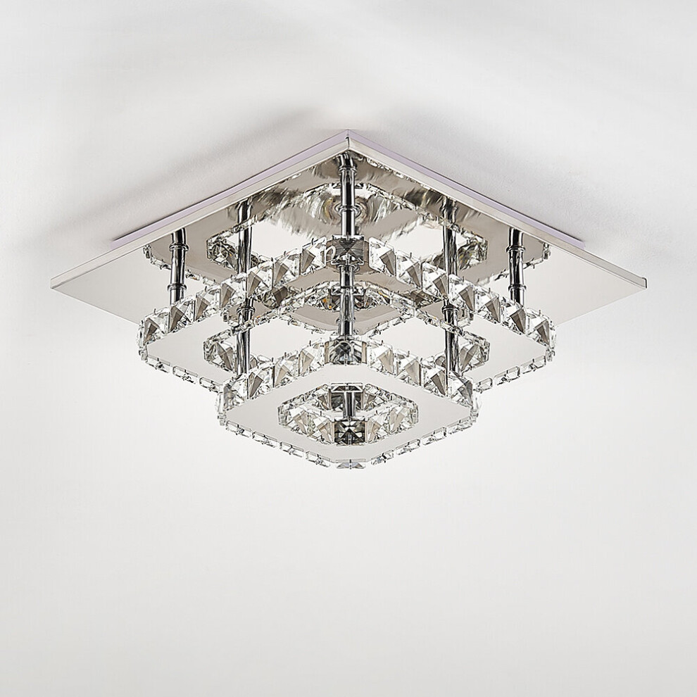 (30cm 2 Level-Square, Cool White) Modern LED Ceiling Light Crystal Flush Chandelier