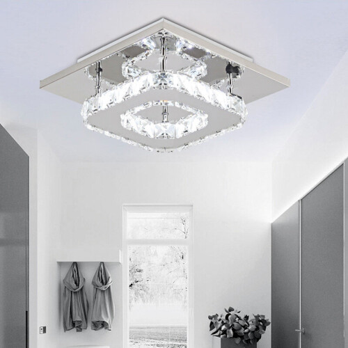 Living And Home (20cm 1 Head-Square, Cool White) Modern LED Ceiling Light Crystal Flush Chandelier