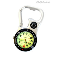 White Silver Clip on Carabiner FOB Watch with Green Luminous Face and Compass and Bottle Opener for Doctors Nurses Paramedics Chefs
