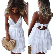(White, M) Women Boho Short Mini Dress Evening Party Dresses