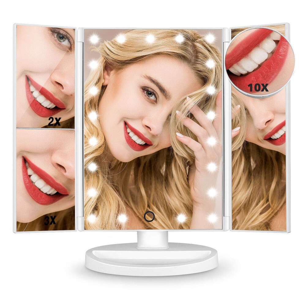 Hamswan Makeup Vanity Mirror With Lights, 180 Trifold Mirror With Touch Screen, 10X/3X/2X/1X Magnification Cosmetic Mirror, Dual Power Supply, 21 Led