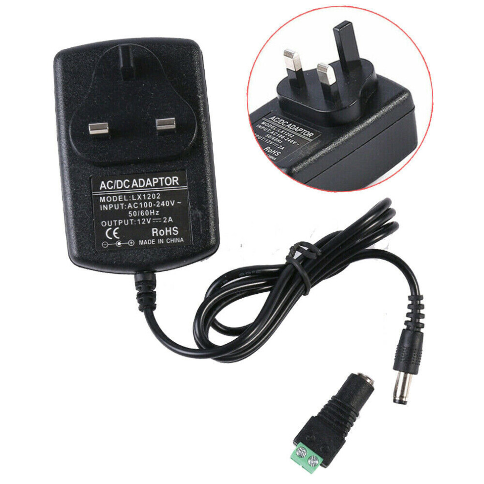 (DC 12V 2A Plug Adapter AC100-240V Power Supply Transformer For LED Strip CCTV Charger) UK Plug Adapter Power Supplay Charger Transformer