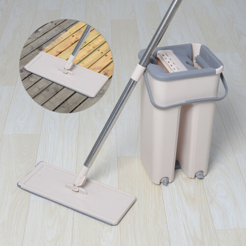 360 Flat Squeeze Mop & Eimer Set Home Floor Bodenmop Set + 4 Pads