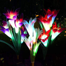 LED Solar Lily Flower Lights 3-Pack, 12-Head, 7-Color Changing Outdoor Garden Stake Lamps with Wider Solar Panel
