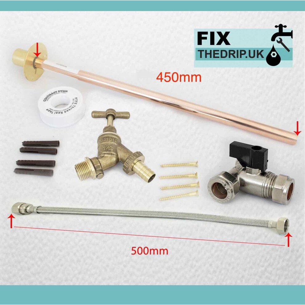 Fixthebog Outside 1/2" Hose Union Bib Tap Set Complete Fixing Kit & Through Wall 450Mm Backplate 5055639135727