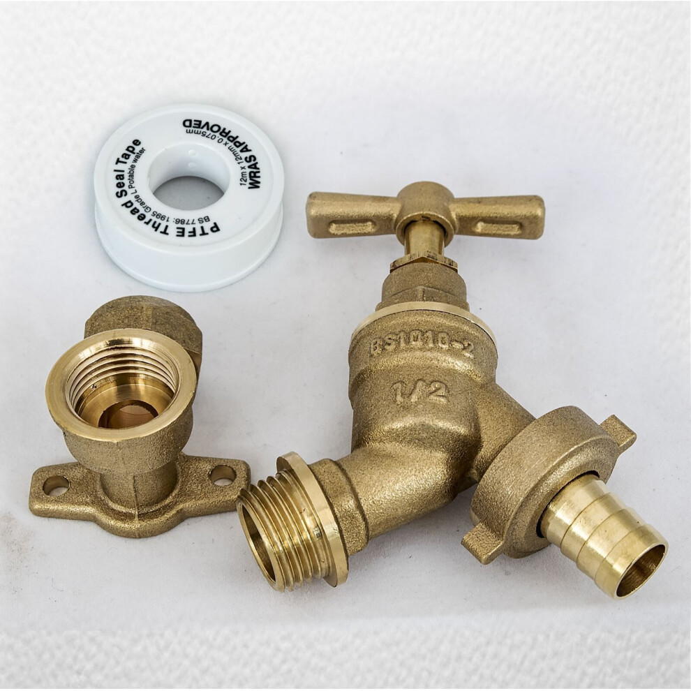 Fixthebog Outside 1/2" Bsp Garden Hose Union Bib Tap Kit With 15Mm Wing Back Elbow & Free Ptfe Tape 5055639136380