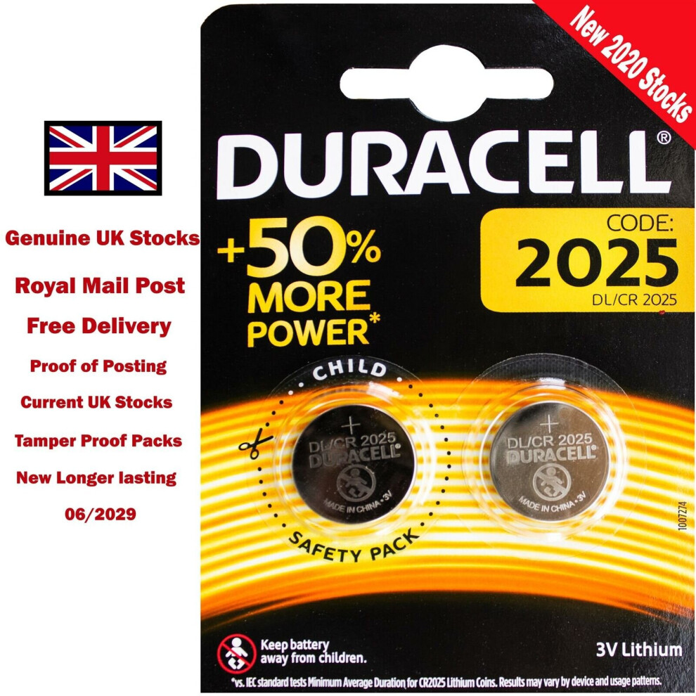 Duracell CR2025 3V Battery Lithium Coin Cell 2025, DL2025, BR2025, SB-T14 with Baby Secure Technology Pack of 2