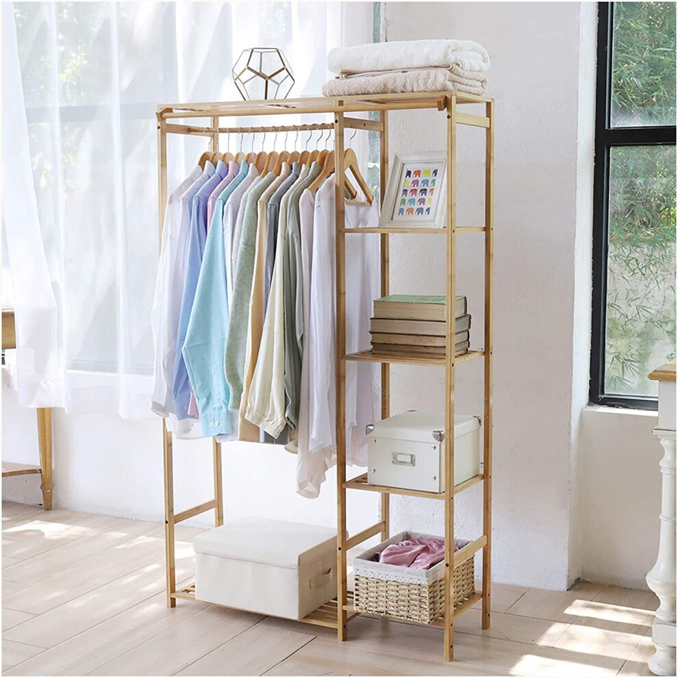 Bamboo Wood Clothing Garment Rack Clothes Storage Shelf with Shelves