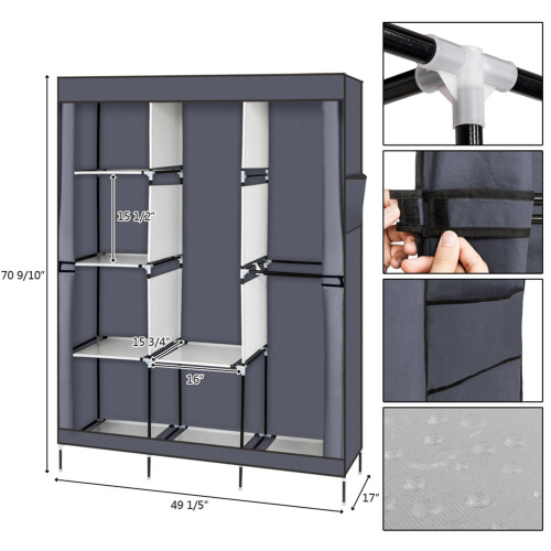 Portable Wardrobe Clothes Rack Storage Organizer with Shelf Grey 2