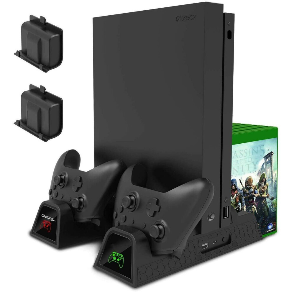 Vertical Stand with Cooling Fan Pad + Game Controller Charger Dock Station + 2 Rechargeable Battery Pack USB Hub Game Storage for Xbox One S X Console