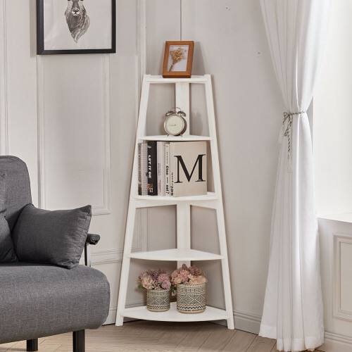 Living And Home (White #1) Ladder Corner Shelf 5 Tier Unit Bookshelf Plants Stand Display