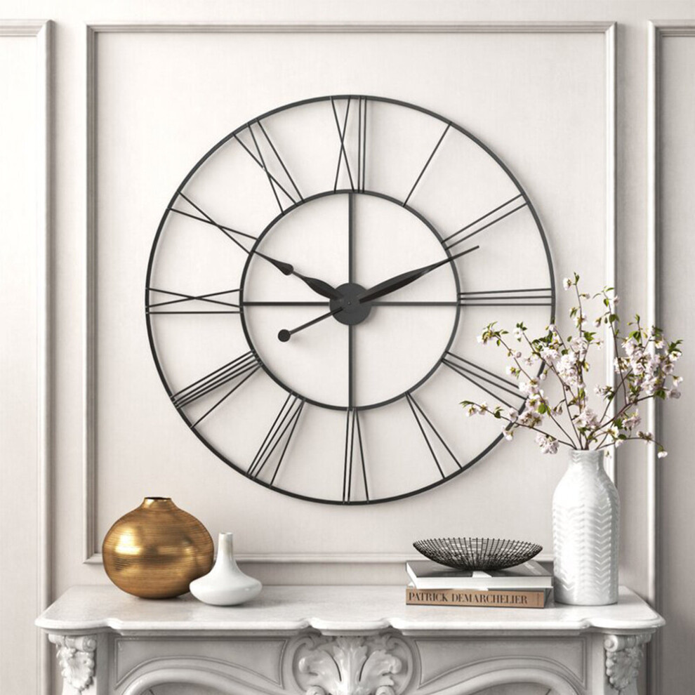Living And Home 60Cm Large Silent Metal Round Wall Clock With Roman Numerals