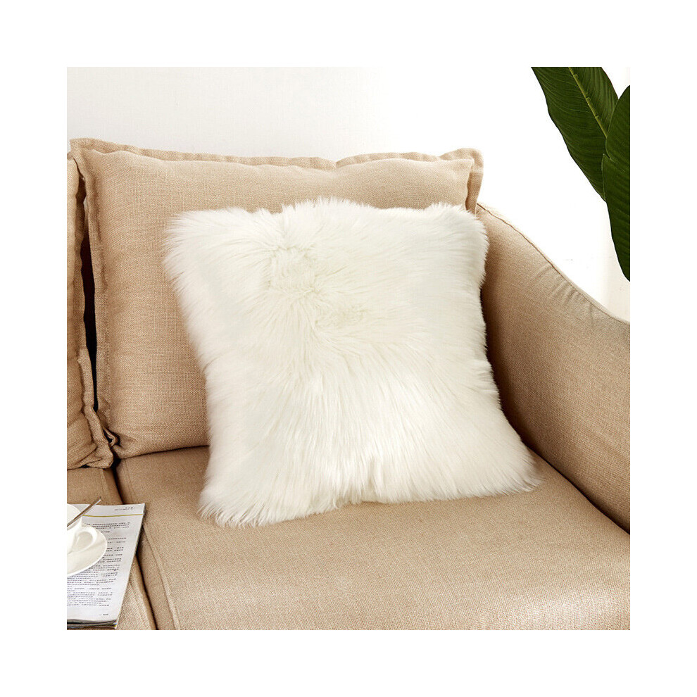 (White) Faux Fur Plush Pillow Case Shaggy Cushion Cover