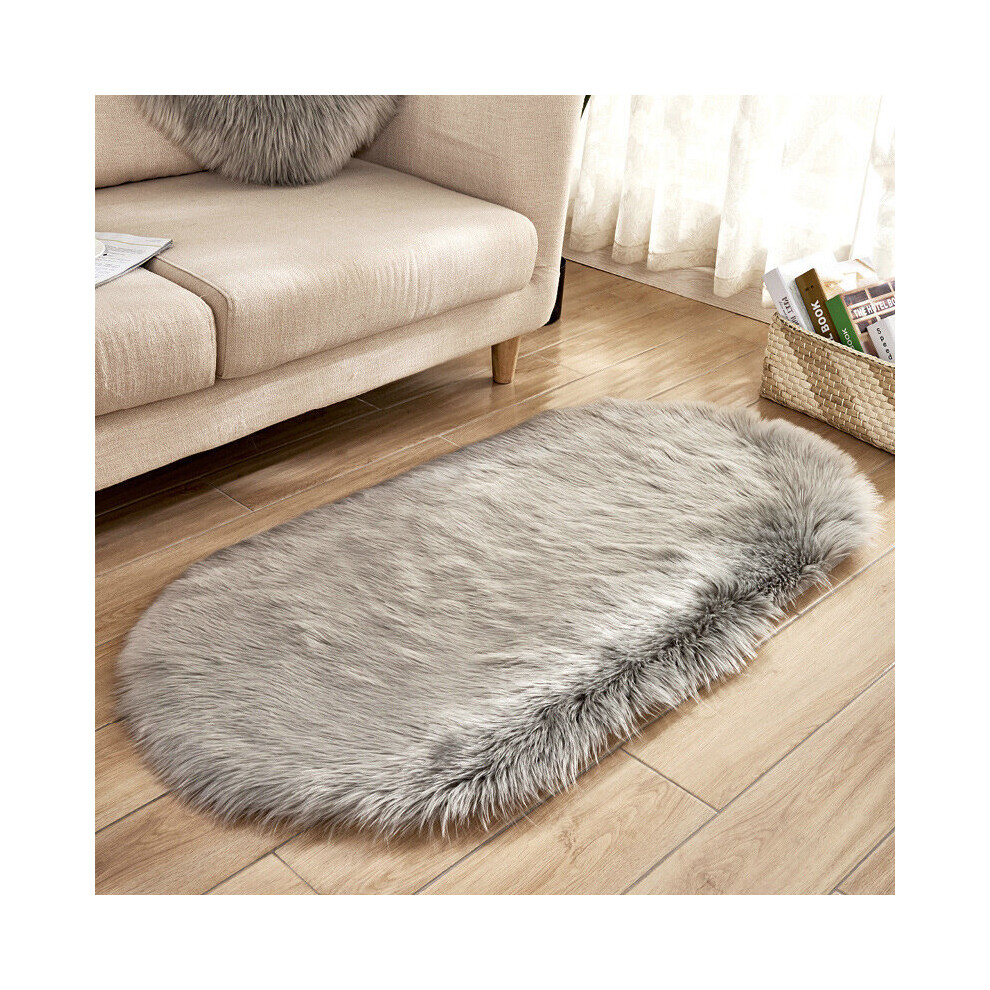 (100x180CM) Oval Grey Faux Fur Sheepskin Non Slip Fluffy Floor Rugs