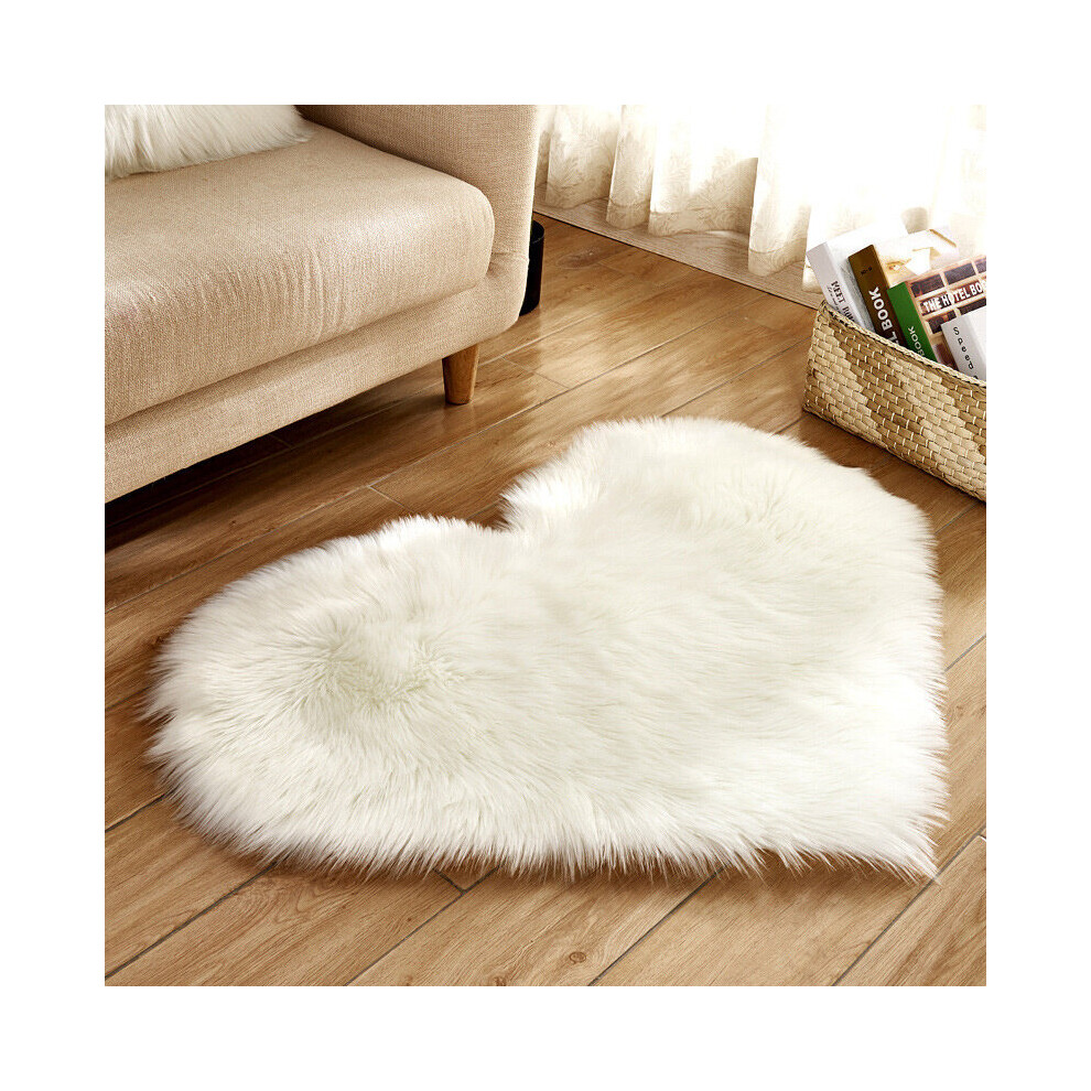 (White) 40x50CM Heart Fluffy Fur Rug Faux Washable Sheepskin Mats Rugs