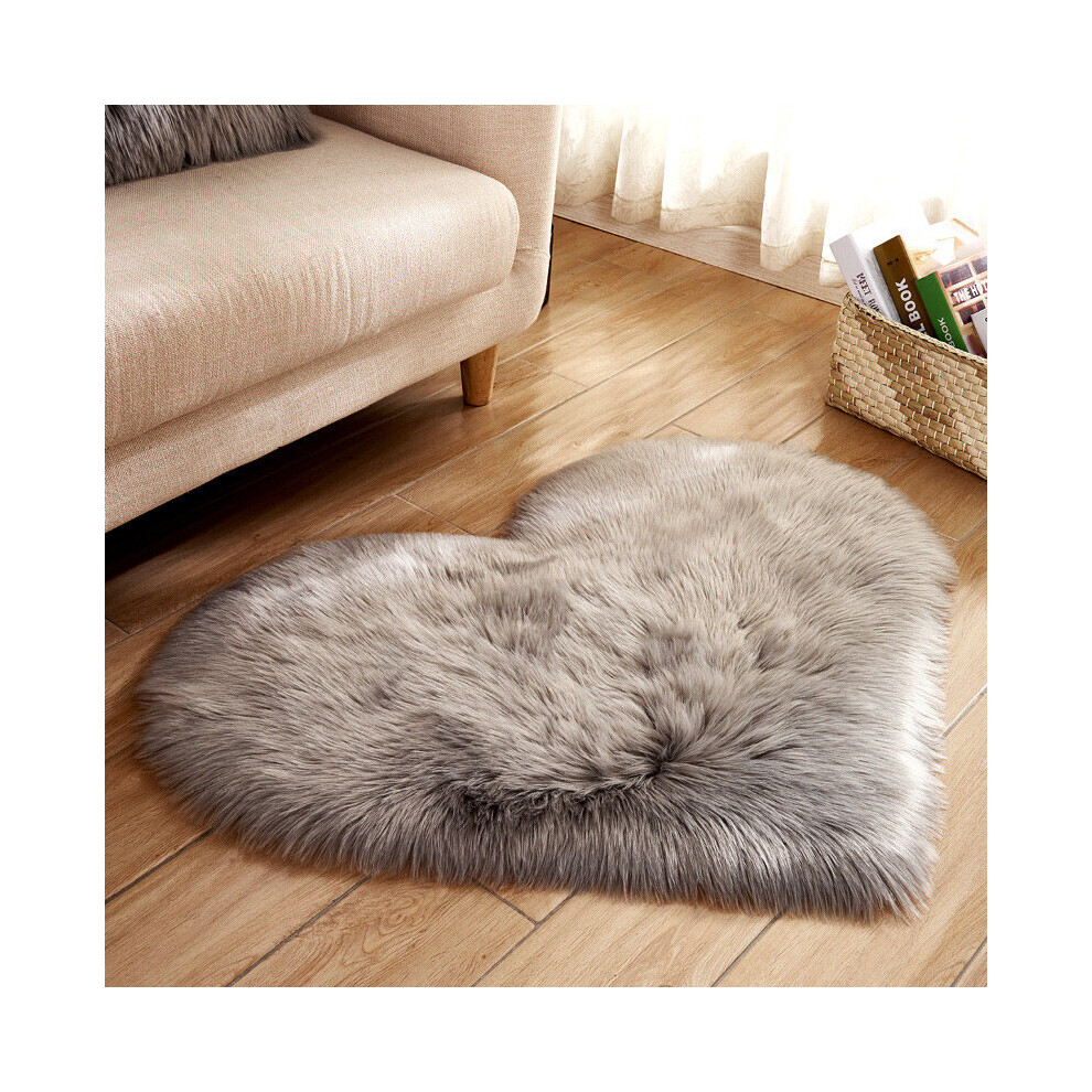 (Grey) 40x50CM Heart Fluffy Fur Rug Faux Washable Sheepskin Mats Rugs