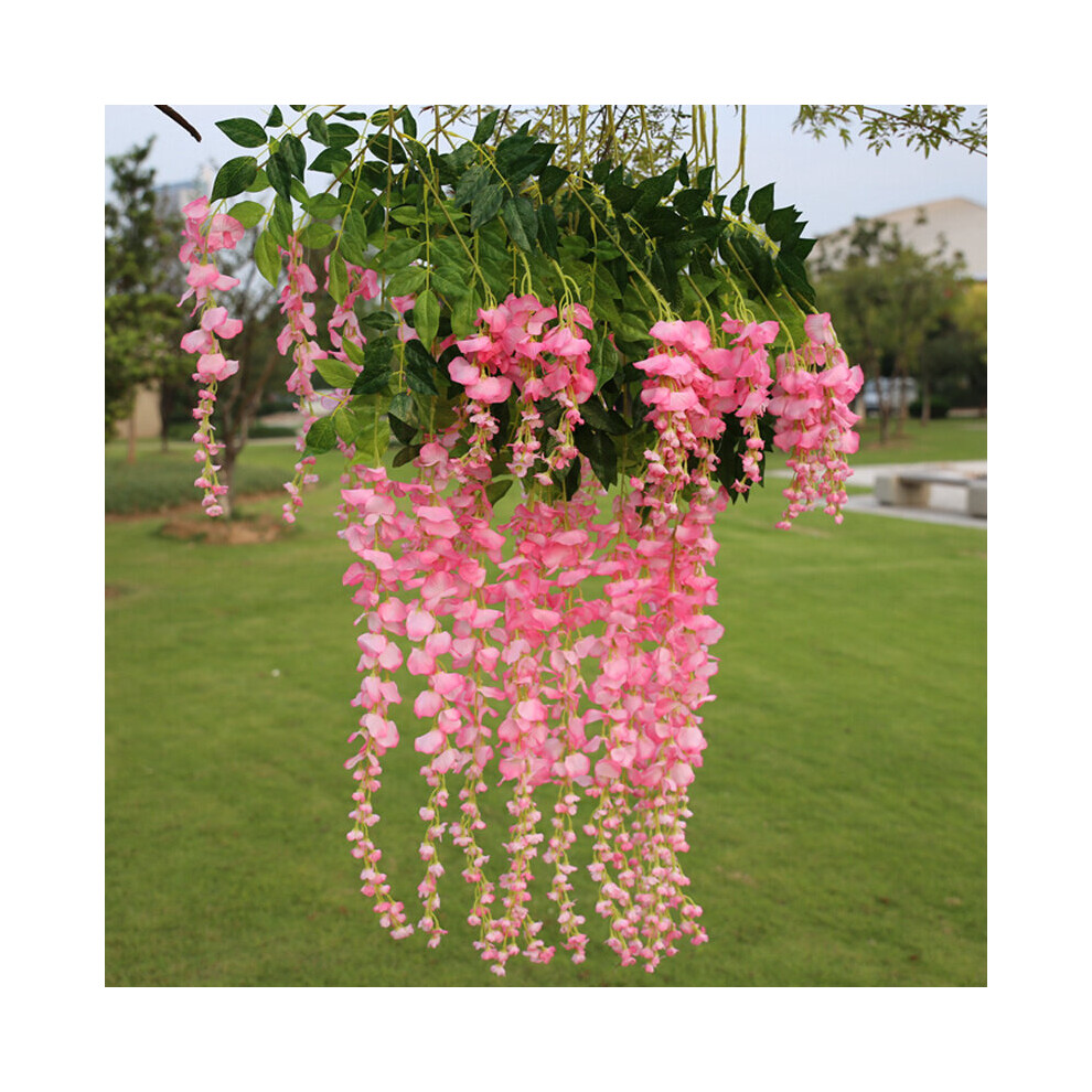 (Pink) 12Pcs Artificial Silk Wisteria Fake Flower Vine Garland Wedding Hanging Decoration