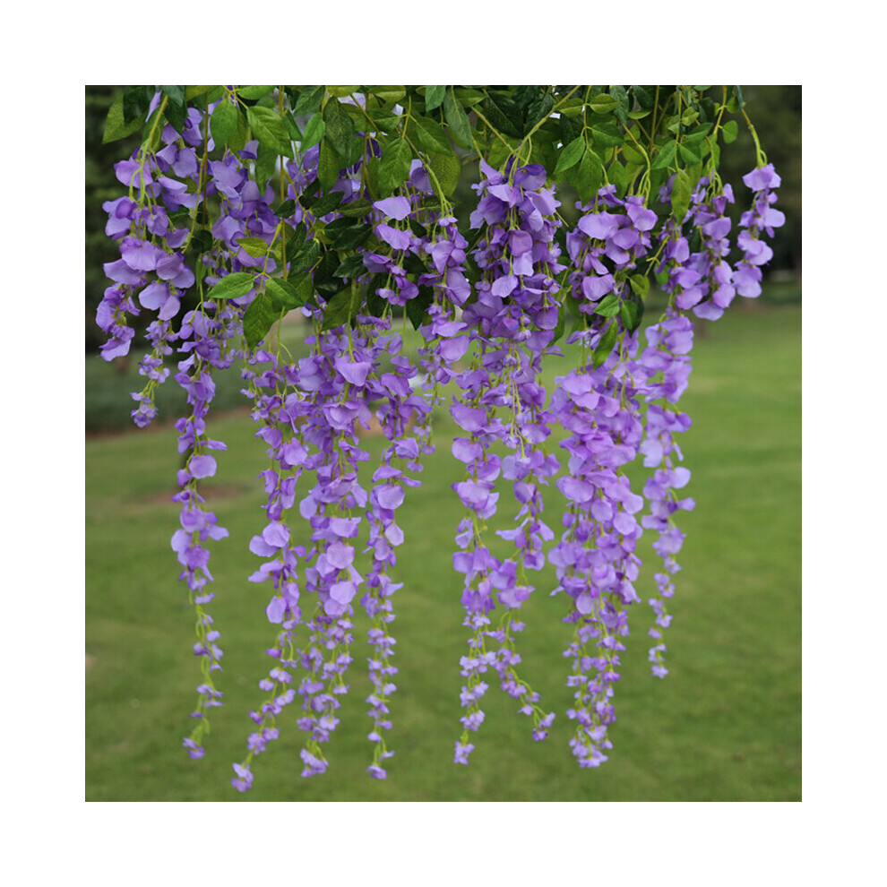 (Purple) 12Pcs Artificial Silk Wisteria Fake Flower Vine Garland Wedding Hanging Decoration