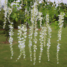 (White) 12Pcs Artificial Silk Wisteria Fake Flower Vine Garland Wedding Hanging Decoration
