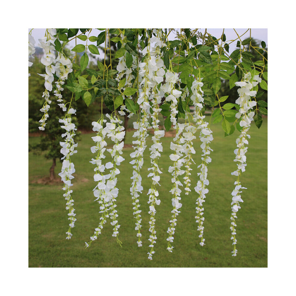 (White) 12Pcs Artificial Silk Wisteria Fake Flower Vine Garland Wedding Hanging Decoration