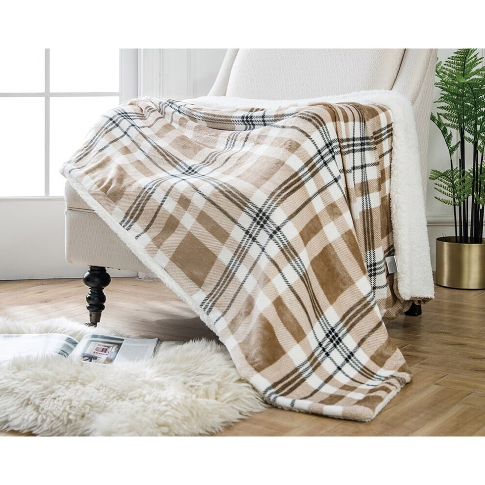 (Lancashire Textile 130cm x 180cm Highland Check Print Sherpa Fleece Throw Brown ) Highland Check Print Sherpa Fleece Throw | 130cm x 180cm