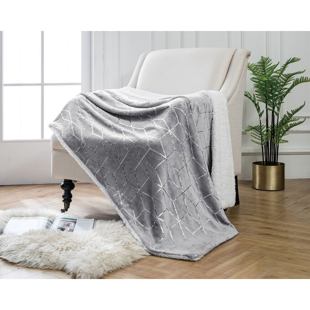 (Grey) Foil Graphic Geometric Sherpa Fleece Blanket | 130cm x 180cm