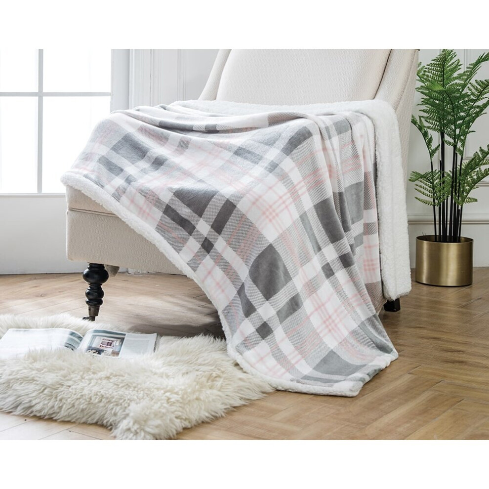 (Pink) Highland Check Print Sherpa Fleece Throw | 130cm x 180cm