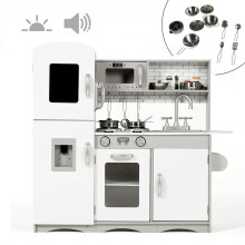Kidoz Kids Wooden Grey Play Kitchen with Utensils, Lights, Sound and Chalkboard