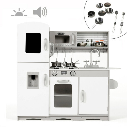 Kidoz Kids Wooden Grey Play Kitchen with Utensils, Lights, Sound and Chalkboard